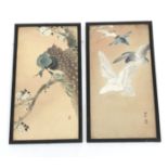 A pair of Japanese watercolours, circa 1900, depicting birds in flight and a peacock on a branch,