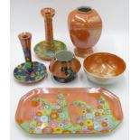 A Carltonware hollyhocks pattern dressing table tray, orange lustre ground, height 21cm, width 36cm,
