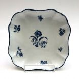 A Worcester blue and white porcelain dessert dish, 18th century, of square section,