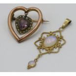 A gold heart brooch, at the centre a pendant amethyst heart surrounded by pearls,