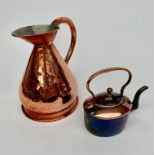 A Victorian copper half gallon measure, height 24cm, together with a Victorian small copper kettle.
