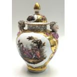 A Dresden gilt decorated vase and cover, late 19th century, with ladies mask handles,