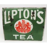 A Lipton's Tea enamel advertising sign, white on a green ground, with central red Royal crest,