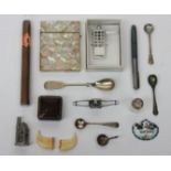 An engraved mother of pearl veneered card case and miscellaneous items,