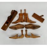 A selection of assorted beech shoe lasts, early 20th century and a plane etc.