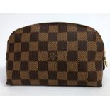 A Louis Vuitton chequer make up bag, red leather lined interior and branded fabric storage bag,