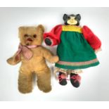 A plush Teddy bear with opening mouth (worn), length 34cm,