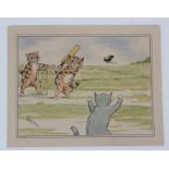 An unframed print of cats playing cricket, in the style of Louis Wain, 25.2 x 32.5cm.