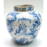 A Dutch Delft blue and white pot, early 18th century, painted with oriental figures in a landscape,