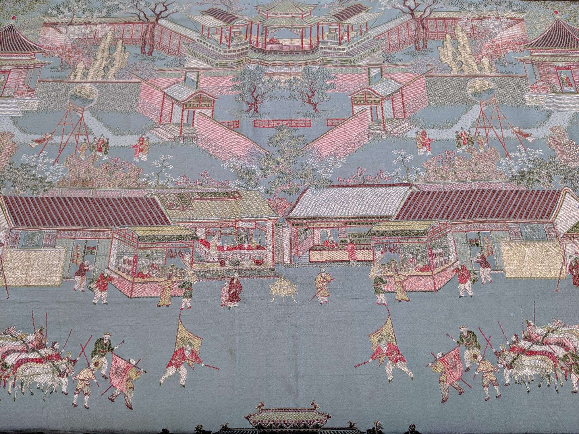 A Chinese silk panel, early-mid 20th century, decorated with a street scene and procession, - Image 10 of 13