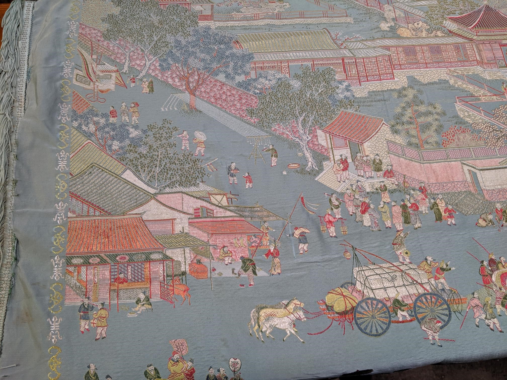 A Chinese silk panel, early-mid 20th century, decorated with a street scene and procession, - Image 11 of 13