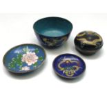 Four Japanese cloisonne items and a teapot.