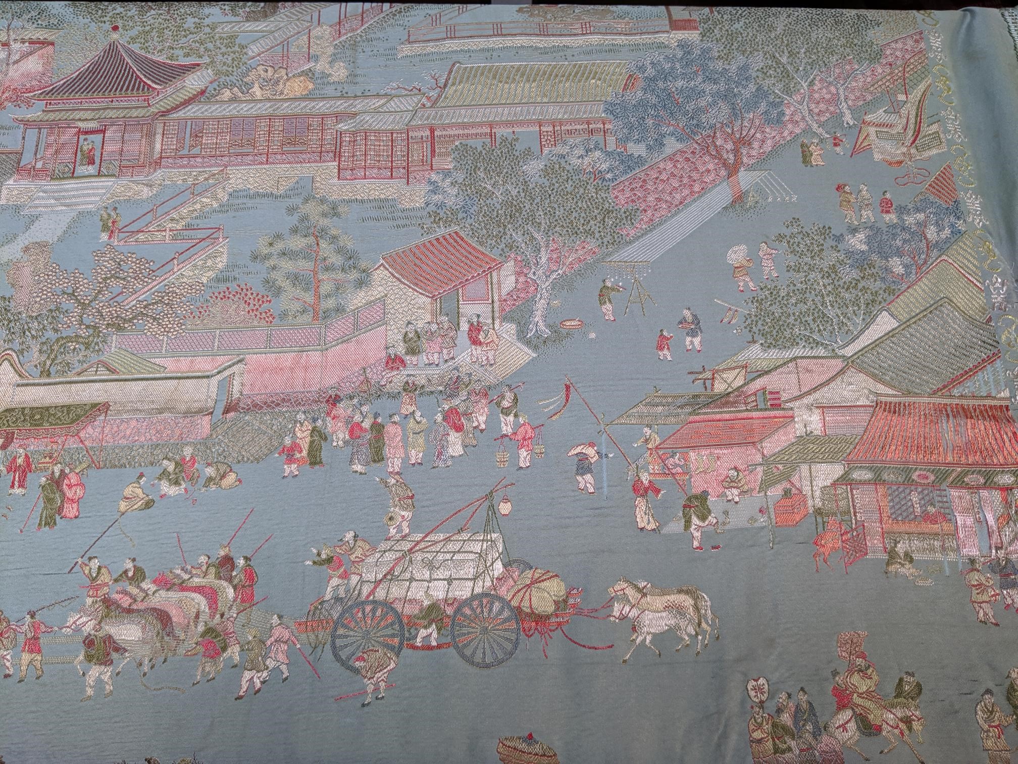 A Chinese silk panel, early-mid 20th century, decorated with a street scene and procession, - Image 5 of 13