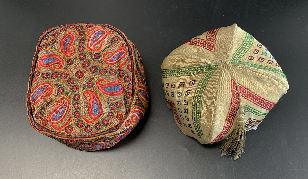 Two Gentlemen's smoking caps, one possibly Indian, in pillbox form,