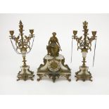 A French alabaster and gilt metal mounted clock garniture, 19th century,