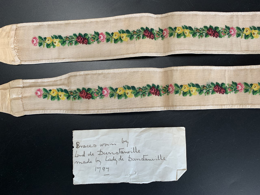 Silk, buckram and fine kid leather embroidered braces. Late 18th century.