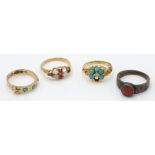A Victorian 15ct gold ring set a turquoise flowerhead and three other Victorian gold rings.