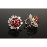 A pair of good diamond and ruby cluster earrings set in high purity white and yellow gold,