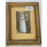 A late Victorian or Edwardian small watercolour of a devout lady, monogrammed AA, 13mm x 7.5mm.