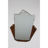 An Art Deco walnut wall mirror, height 72cm, width 47cm.