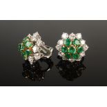 A pair of good diamond and emerald cluster earrings set in high purity white and yellow gold,