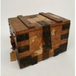 A Midland Bank oak and iron bound strong box, height 32cm, width 43cm, depth 31cm, with two keys.