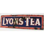 A large Lyons tea enamel sign, white letters on a red and blue ground, height 45cm, width 150cm.