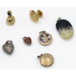 A bluejohn pendant, two tiny heart pendants, a Scottish gilt seal,