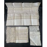 Three heavy linen pillow shams with central crocheted panel inserts surrounded by three rows of