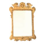 A George I carved gilt gesso mirror, the shaped crest with an applied carved mask,