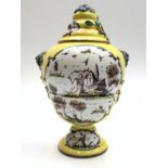 An Italian majolica Savona yellow ground vase and cover,
