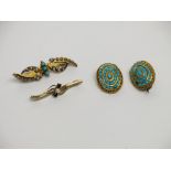 Two gold bar brooches and a pair of turquoise set gold brooches.