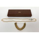 A Victorian gilt turquoise set bracelet and a simulated pearl necklace by Pompadour Pearls.