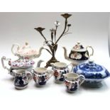 Three assorted Victorian teapots, four lustre jugs,
