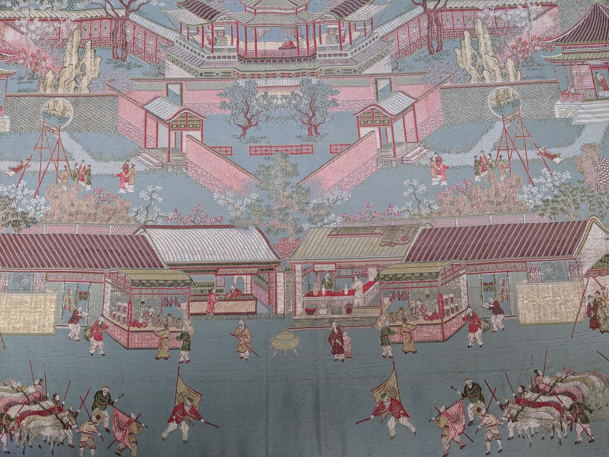 A Chinese silk panel, early-mid 20th century, decorated with a street scene and procession, - Image 4 of 13