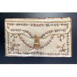 18th century cream satin silk pocket book purse with yellow metal clasp. 17.5x10cm.