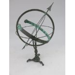 A metal armillery sphere sundial, on an ornate cast base, 20th century, height 92cm.