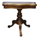 A Victorian burr walnut serpentine card table, with a turned stem on downswept legs, 74cm,