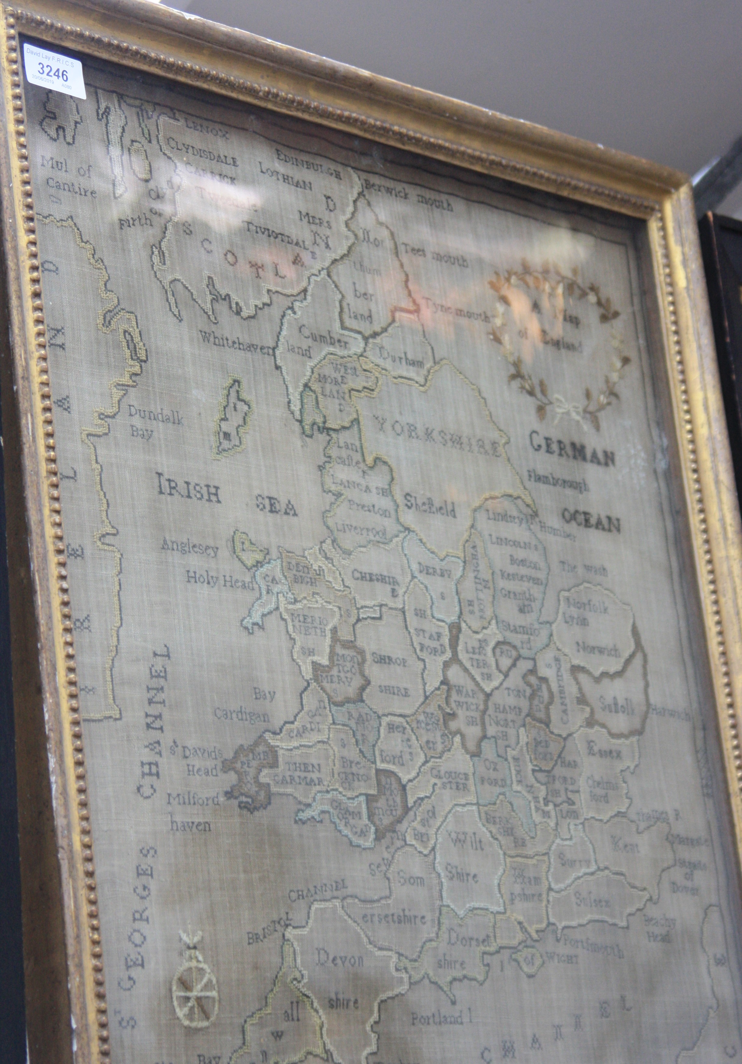 A silkwork map of England, early 19th century, the counties named, 58 x 51cm, gilt framed.