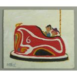 A painting of a bumper car by Simeon Stafford, signed, painted on board, 20cm X 24cm.