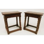 A pair of 17th century fruitwood joint stools with bobbin turned supports,