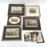A selection of postcards, including a street at Newlyn (Trewarveneth Street) and five engravings,