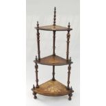 A Victorian inlaid walnut corner whatnot, with three tiers, height 118cm.