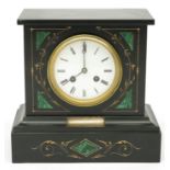 A French black slate mantel clock, late 19th century, with malachite inlaid decoration, height 23cm,