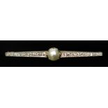 A good natural pearl and diamond bar brooch set in white gold with chased gallery.