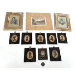 A group of seven portrait silhouettes, a portrait miniature, prints and a medallion.