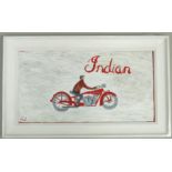 An oil of a man riding an Indian motorcycle, by Simeon Stafford, signed and titled, 41 x 76cm,