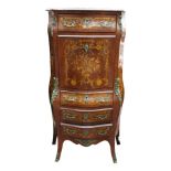 A marquetry bombe veneered secretaire abattant of small proportions with marble top,