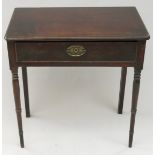 A George III oak and mahogany side table, with a single drawer on turned tapering legs, height 75cm,