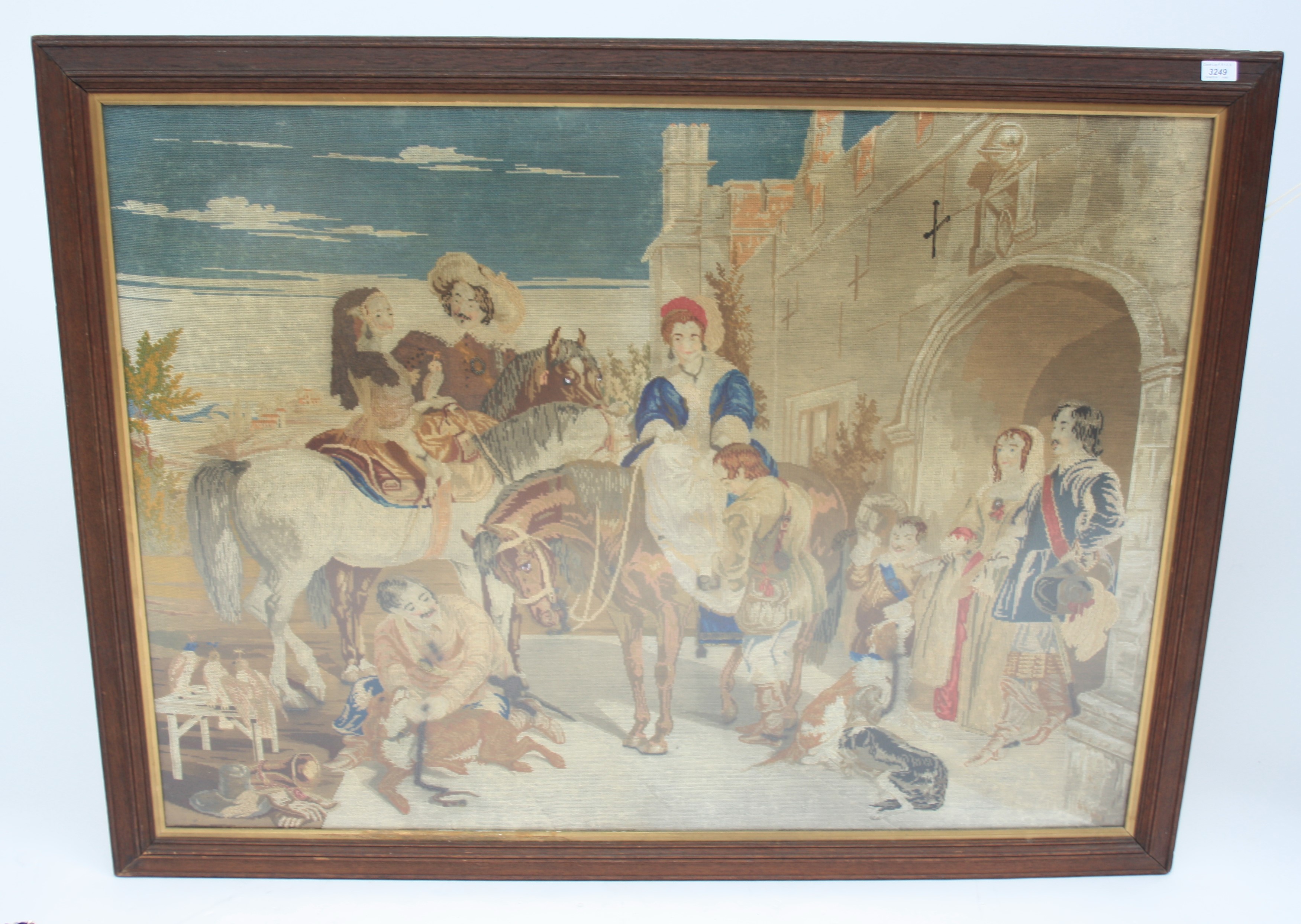 A Berlin woolwork large panel, mid 19th century, depicting a hawking party, 90 x 120cm.